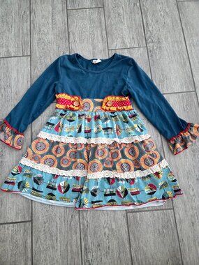 Tutu & Lulu Girls Long Sleeve Tiered Dress Size 6-7Y Colorful Boho Print